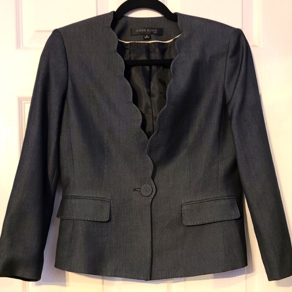 Anne Klein Scalloped Lapel Single-Button Chambray Grey Suit Blazer Size 2 - Picture 1 of 7